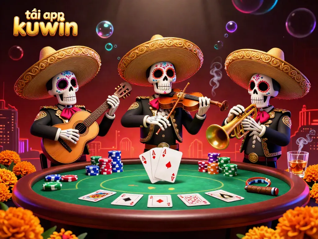 Join the fun at tải app kuwin with colorful skeleton musicians, poker chips, and vibrant decor.