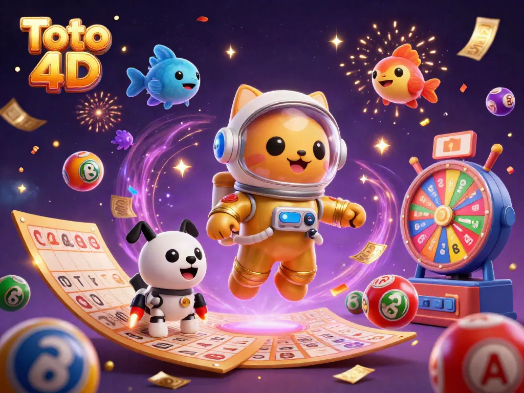 Visualisasi interaktif tentang Toto 4D dengan karakter kucing astronot dan elemen perjudian lainnya.