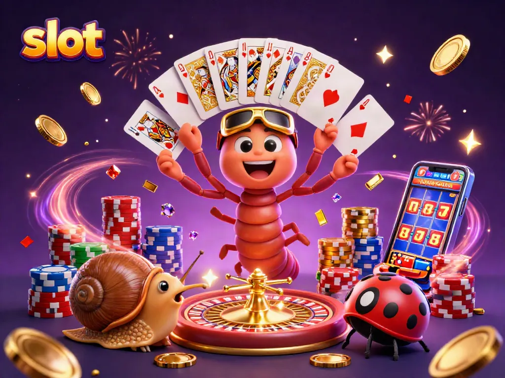 Experience thrilling slot gameplay with a vibrant dealer, exciting chip stacks, and colorful casino elements.
