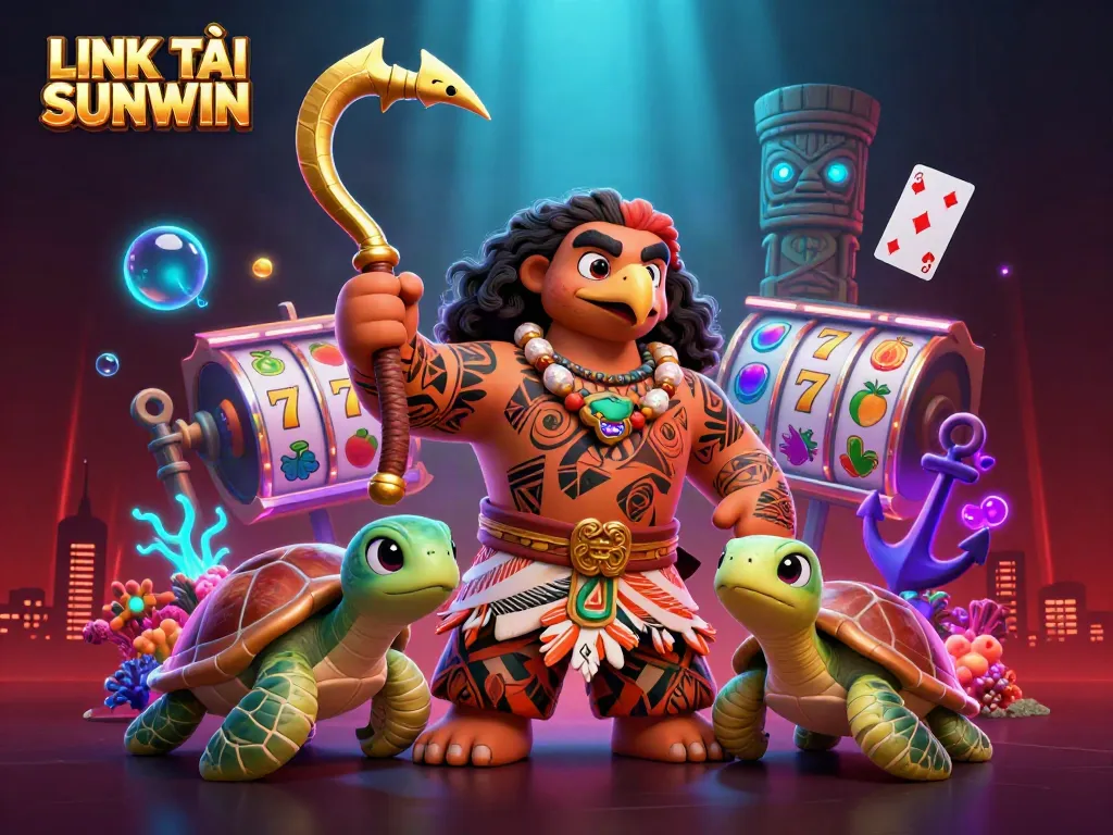 Engage with the exciting world of LINK TẢI SUNWIN featuring a vibrant casino scene with cartoon characters and game elements.