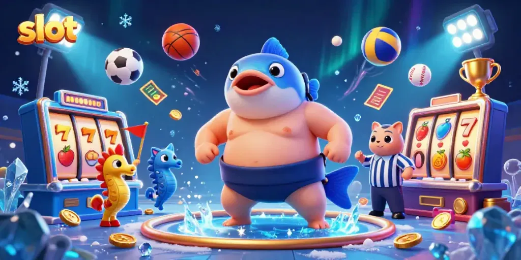 Slot bertema kasino dengan fugu raksasa di arena bawah laut dan simbol permainan warna-warni.