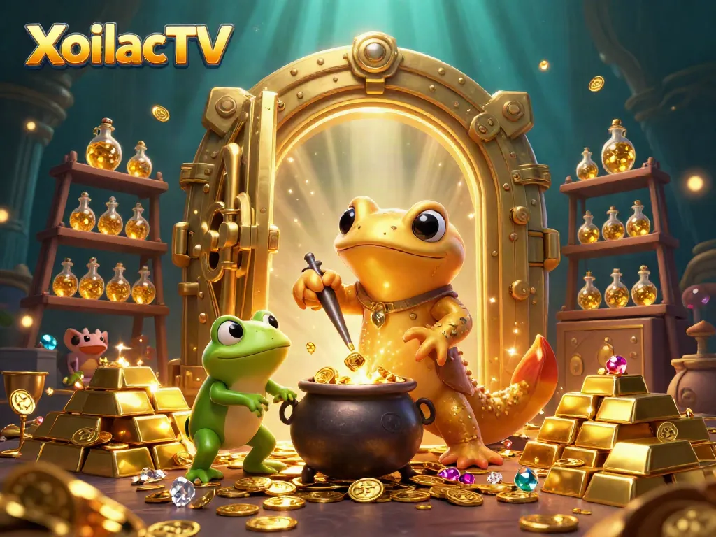 XoilacTV provides a dynamic 3D scene featuring a golden salamander alchemist and companions creating gold.