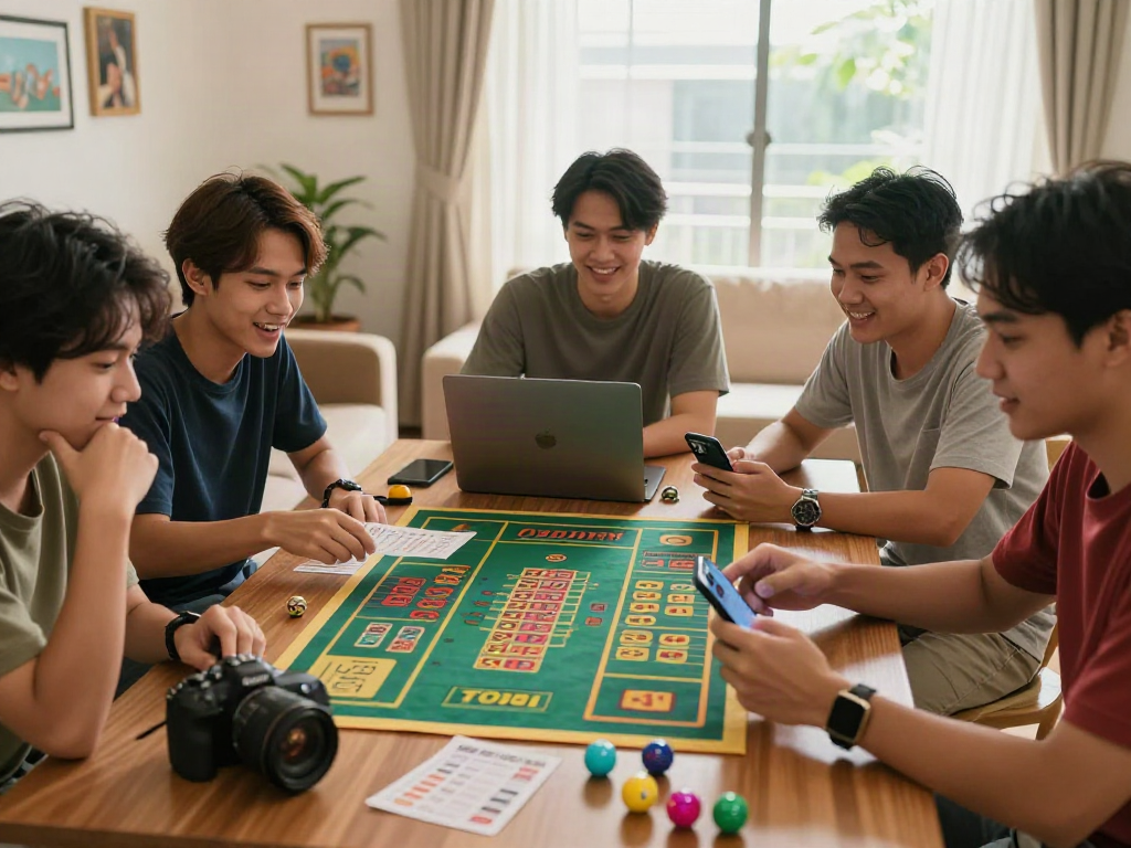 Social gaming moment with friends enjoying situs togel in a cozy setting.