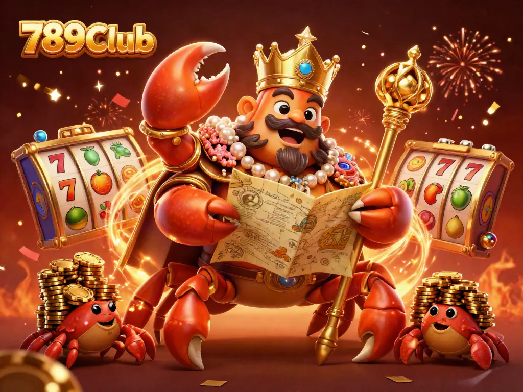 Engage in gaming excitement with 789Club, featuring a golden crab emperor amidst festive casino elements.