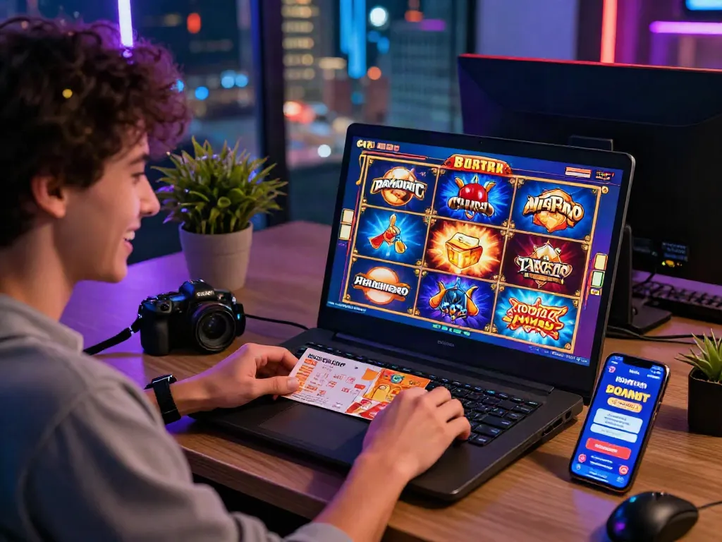 Exciting online gaming moment playing slot resmi with vibrant graphics and promotions nearby.