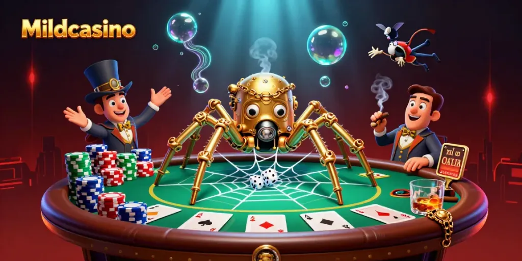 Mildcasino offers a captivating visual of a steampunk spider entangled in casino elements, enhancing the gaming experience.