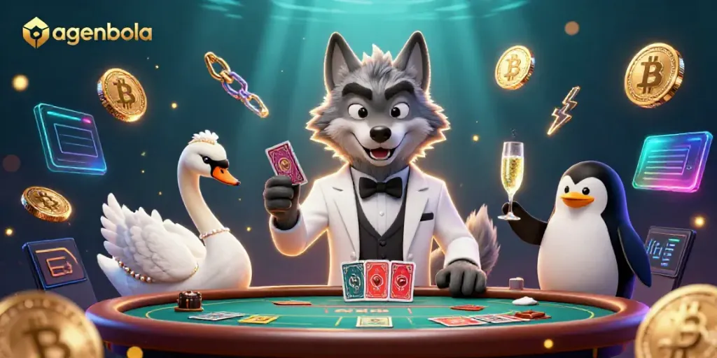 Experience agenbola with a debonair wolf, an elegant swan, and a sophisticated penguin at a vibrant casino scene.