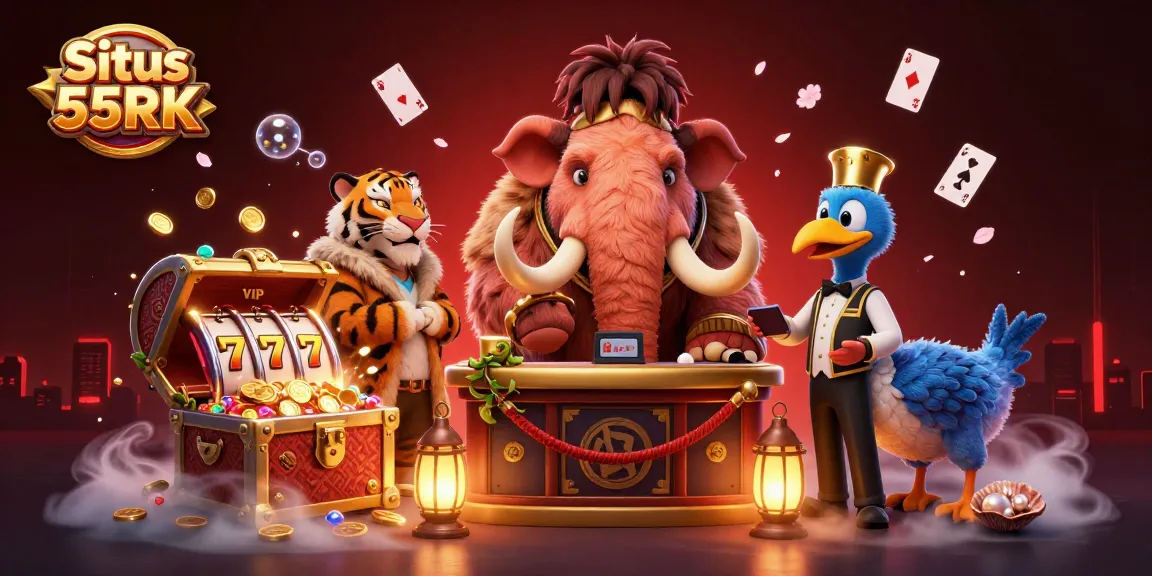 Situs 55RK engages players with a vibrant casino scene featuring a mammoth bouncer and unique characters.