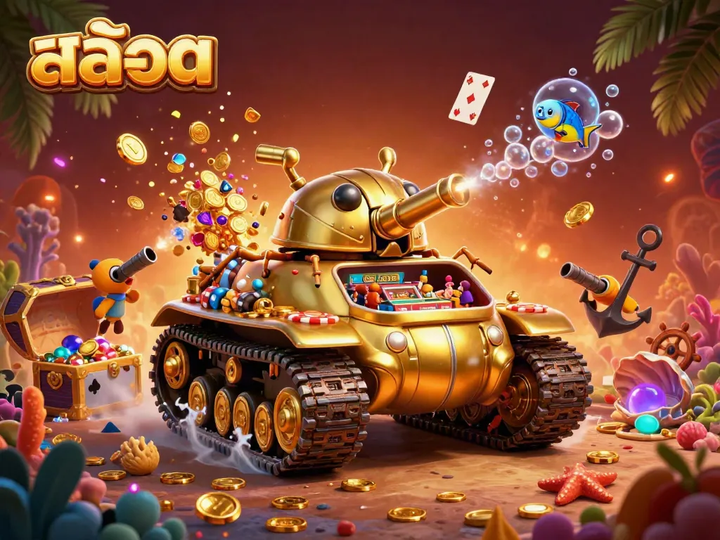 Engage in thrilling สล็อต experiences as treasure chests explode with coins in this animated casino scene.