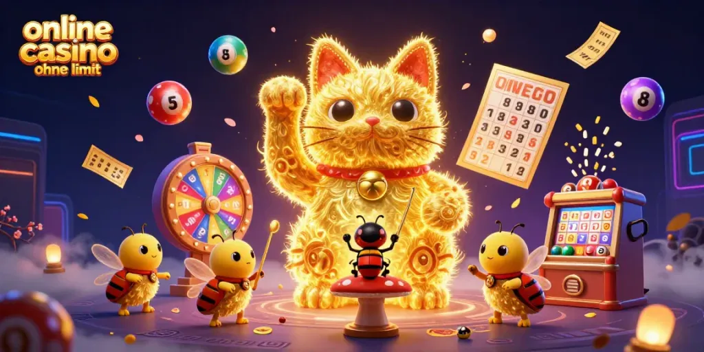Engaging scene of a giant lucky cat and colorful casino elements in an online casino ohne limit context.