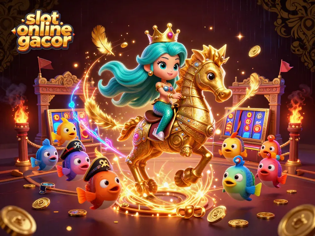 Engage in thrilling slot online gacor gaming with a vibrant mermaid princess and her seahorse companion amidst dazzling elements.