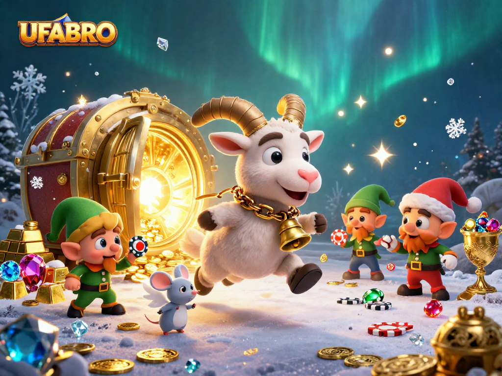 Experience UFABRO's thrilling casino atmosphere with a festive Krampus and playful characters.