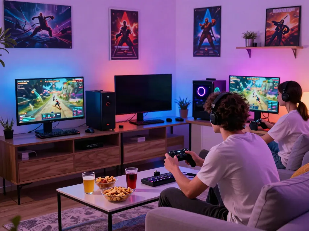 Akunjp gaming experience in a modern living room with vibrant lighting.