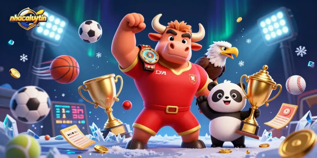 nhacaiuytin showcases a victorious bull mascot with sports elements in a vibrant casino scene.