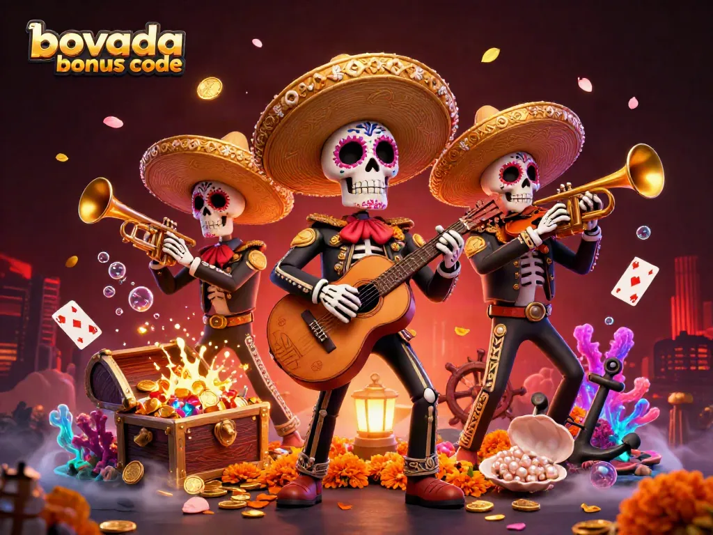 Engage with the Bovada bonus code through a vibrant casino illustration featuring mariachi characters amidst treasures and gaming elements.