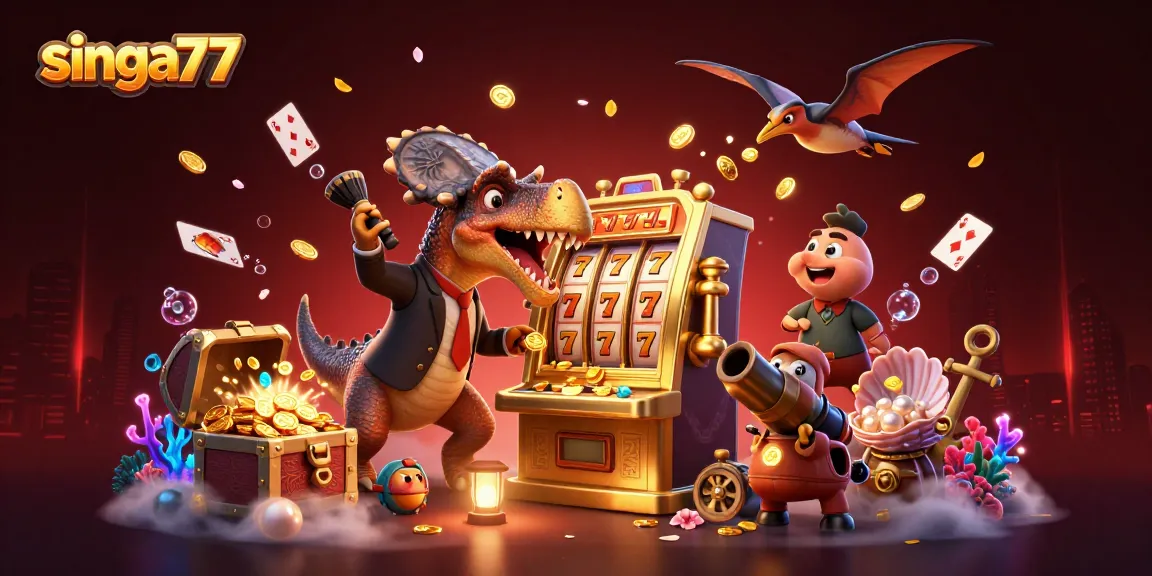 Singa77 showcases a cartoon dinosaur winning jackpots, amid casino elements and flying coins.