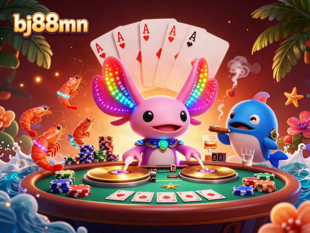 Engage with bj88mn for thrilling casino action featuring an axolotl DJ and vibrant poker elements.