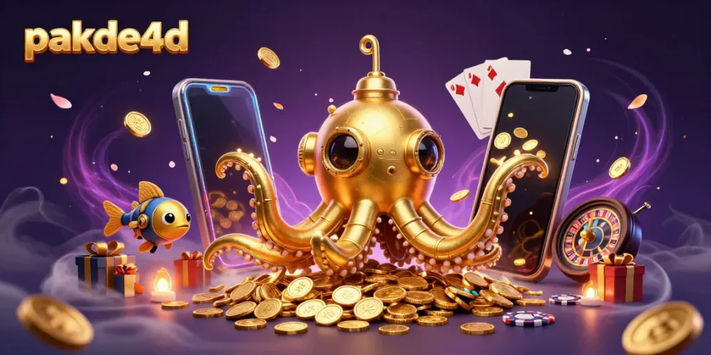 Join pakde4d with a golden kraken submarine and mechanical fish surrounded by slot games and coins.