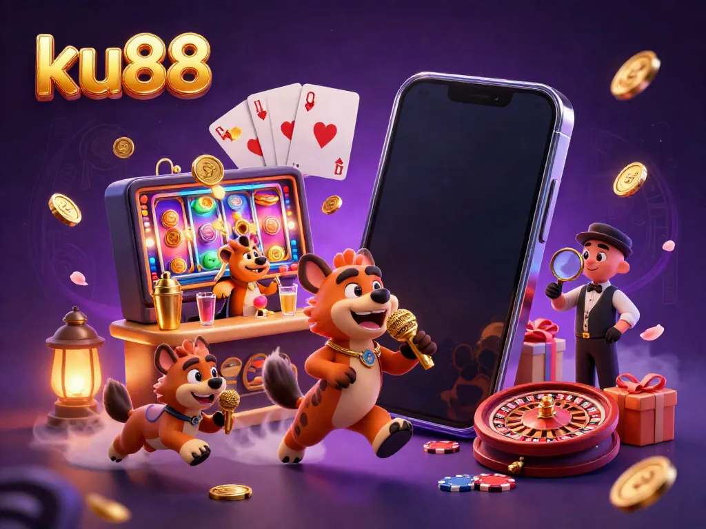 Watch ku88 hyenas entertain with jokes in a lively casino setting, featuring vibrant games and golden elements.