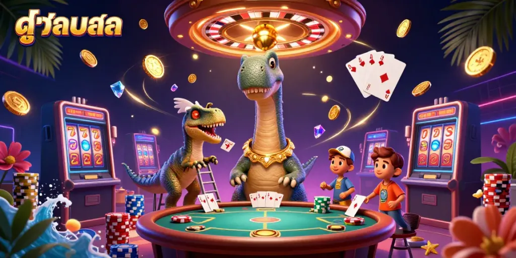 Experience thrilling ดูบอลสด action with a playful cartoon dinosaur and raptor in a vibrant casino.