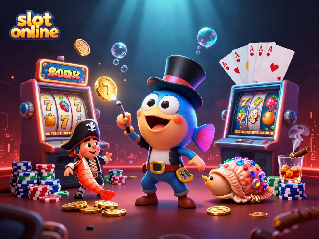 Slot online menarik koin emas dengan ikan pemancing dan karakter laut, menyajikan kegembiraan kasino.