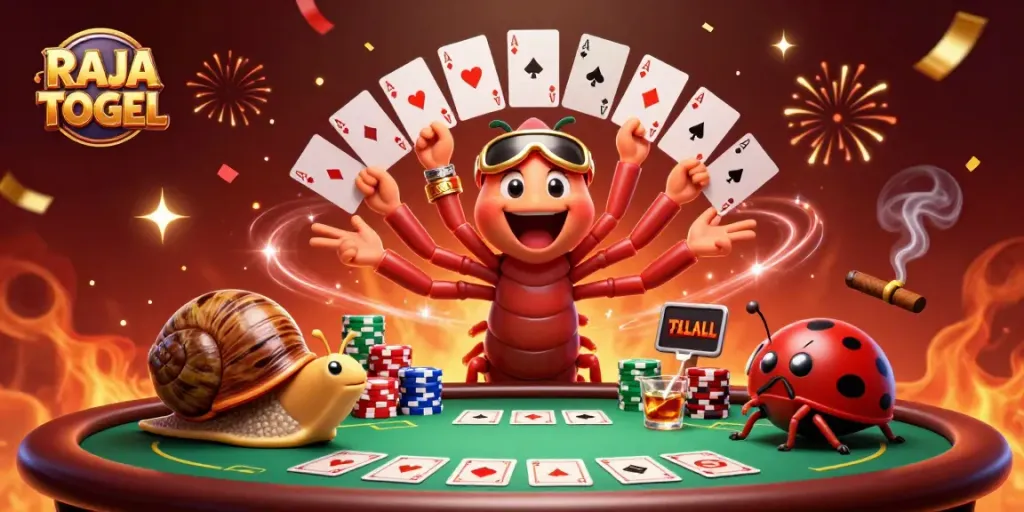 Experience the excitement with RAJA TOGEL as a magical dealer handles cards and chips in a dynamic casino scene.