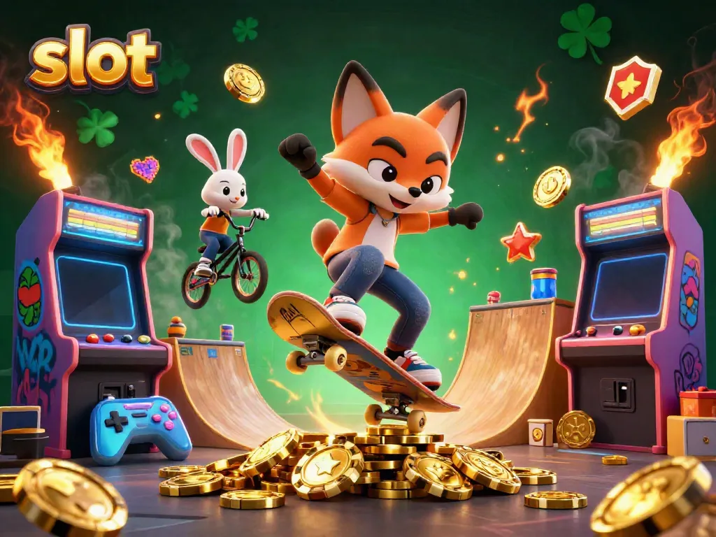 Experience thrilling slot adventures with a skateboarder fox and BMX-riding rabbit in a vibrant casino scene.