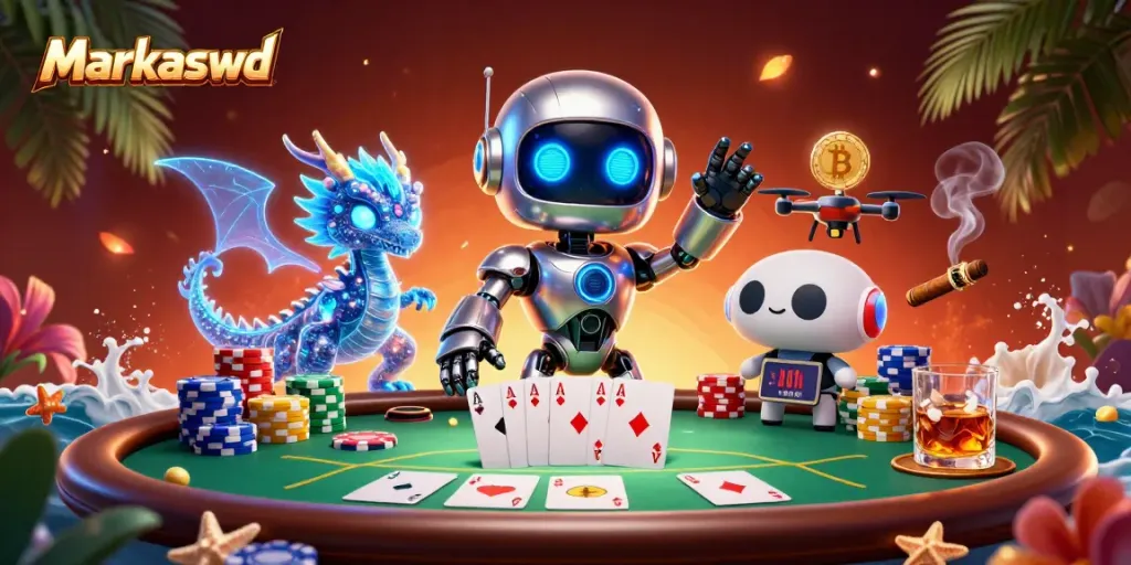Engage in thrilling poker at Markaswd with vibrant 3D cartoon characters amidst rich casino elements.