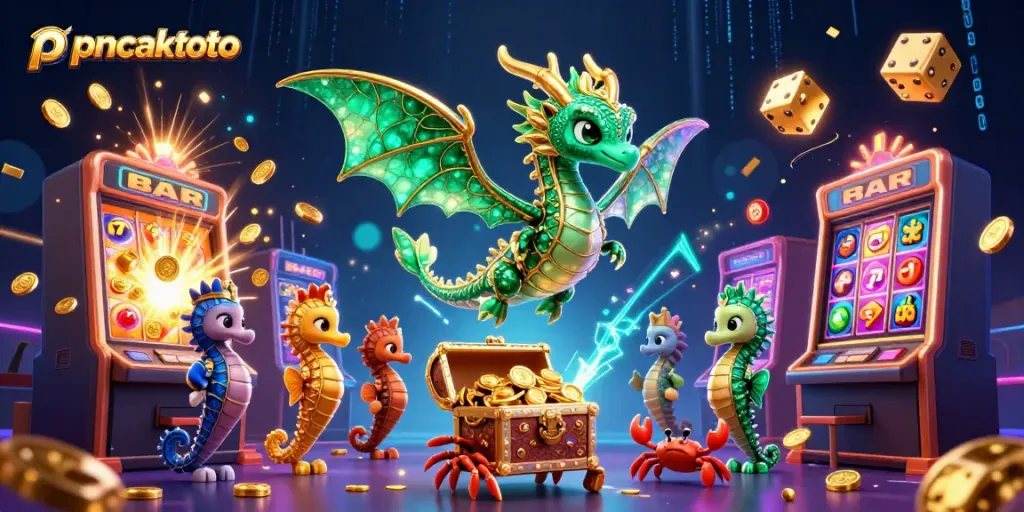 Puncaktoto menghadirkan ilustrasi 3D kartun dengan naga laut dan koin jackpot bersinar meriah.