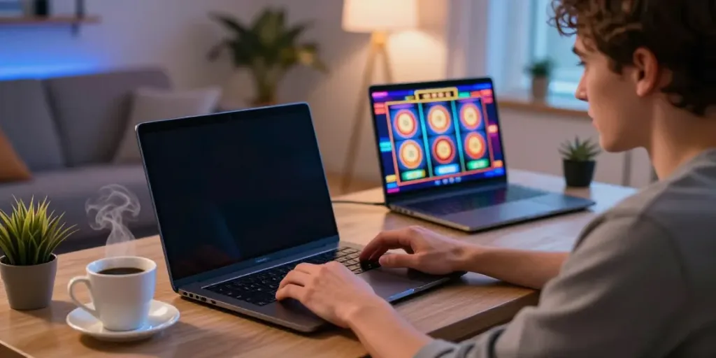 Player enjoying luxury12 slot games at home with coffee and LED lights