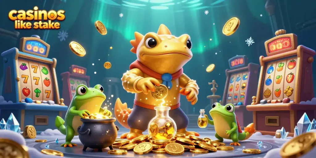 Experience gaming excitement at casinos like stake with a dynamic 3D illustration of magical alchemy and slot elements.