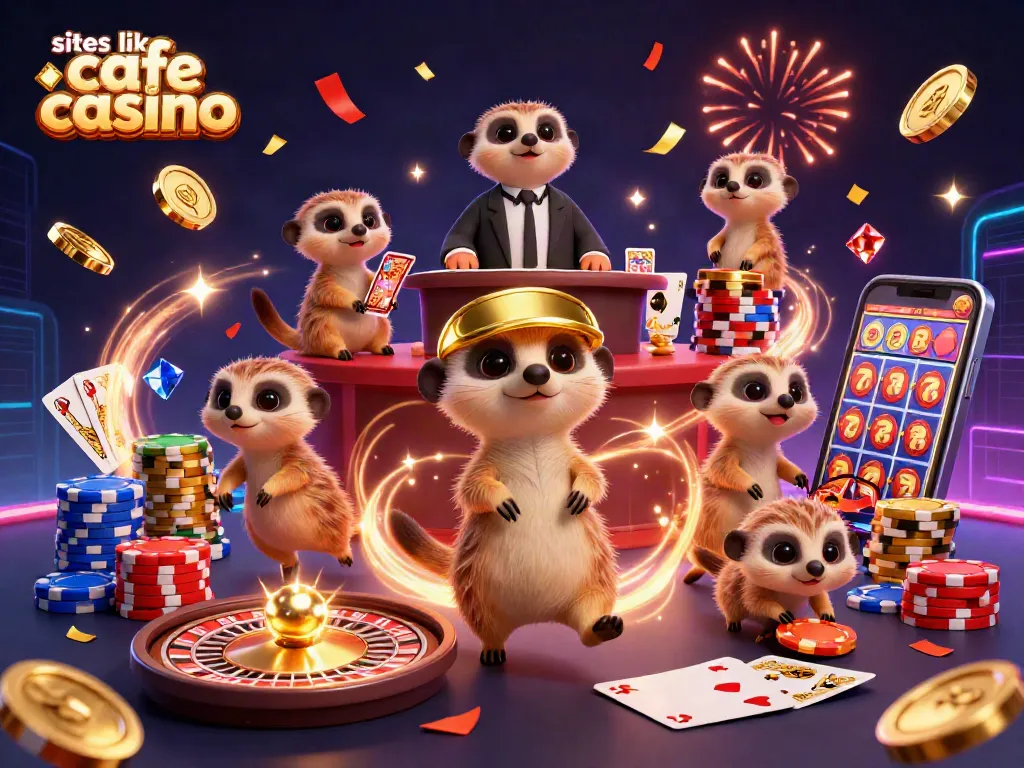 Meerkats celebrating in a vibrant casino scene, showcasing sites like cafe casino with dynamic gaming elements.