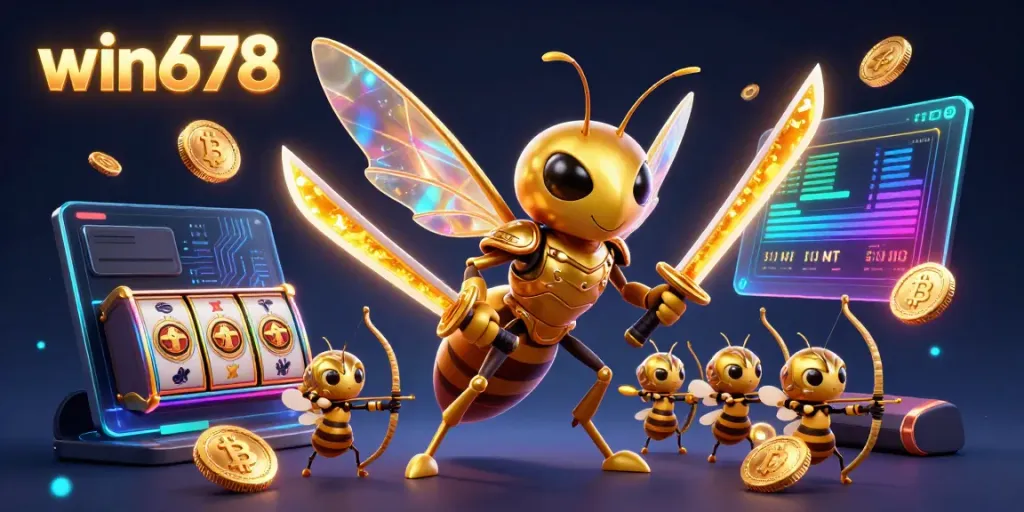Engage with win678's thrilling online gaming world featuring vibrant 3D characters and crypto elements.