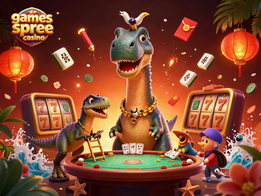 Play games like spree casino with the vibrant illustration of a dinosaur-themed casino scene.