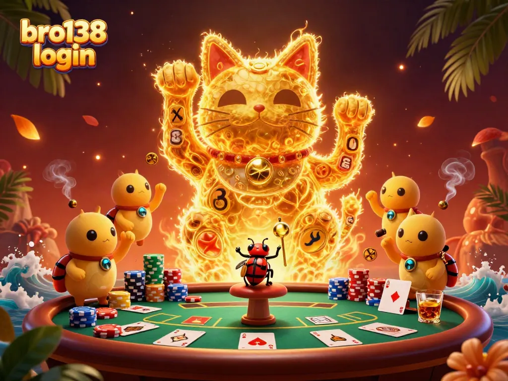 Experience exciting gameplay with the vibrant bro138 login scene, showcasing a lucky cat and poker elements.