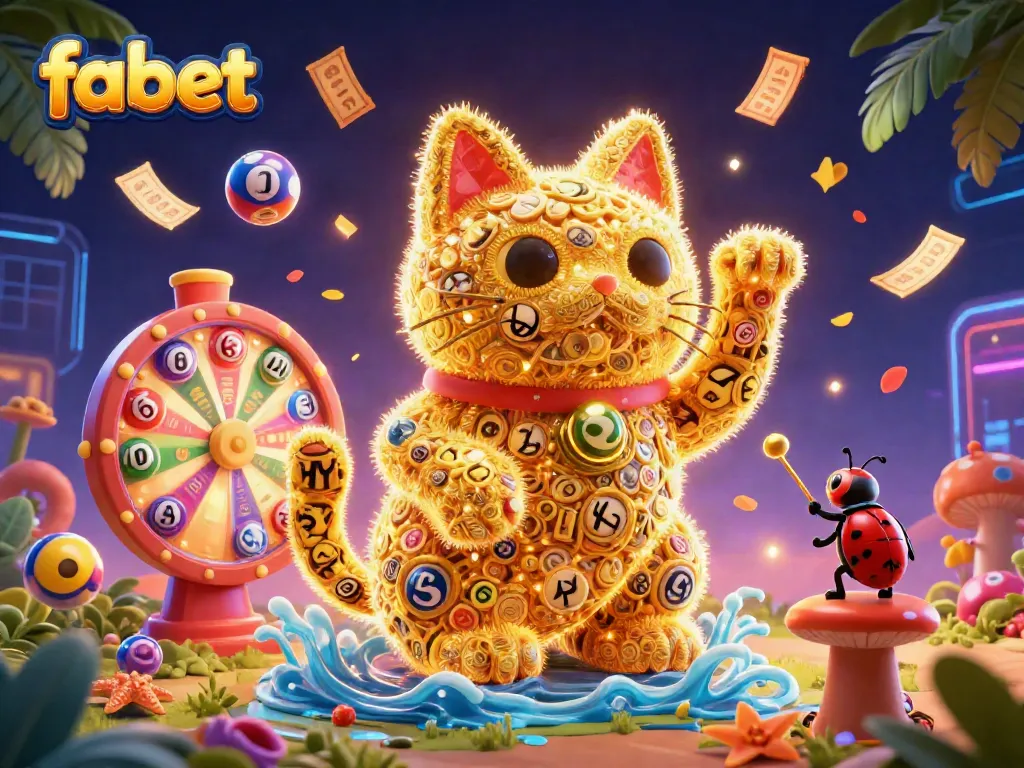Experience the excitement of fabet with a dynamic scene of a lucky cat and vibrant casino elements.