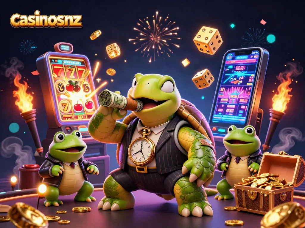 Engage with casinosnz through an exciting 3D illustration of a cartoon turtle and frog enforcers amidst a vibrant casino scene.