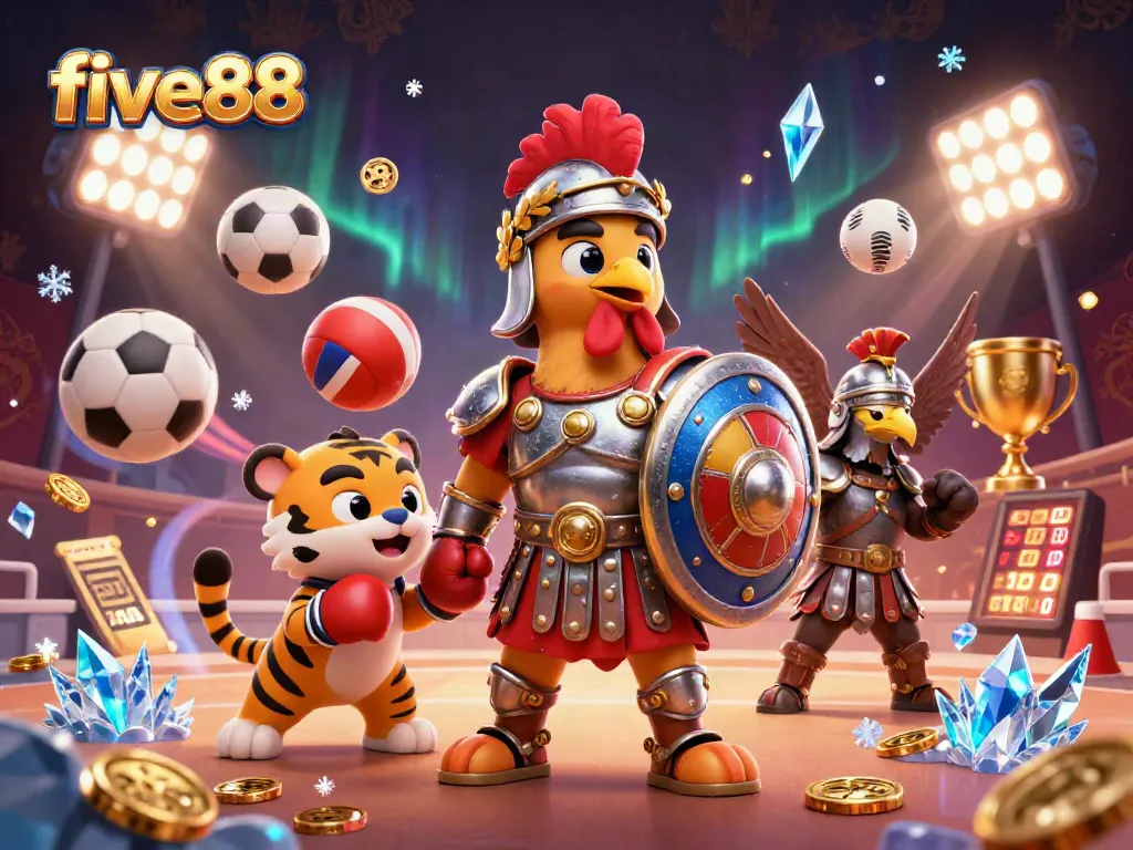 Engage with five88 casino action featuring a gladiator rooster and a sparring cub in a vibrant arena.