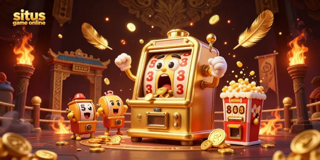 Experience winning with this vibrant illustration of a golden slot machine hitting the jackpot, featuring situs game online elements.