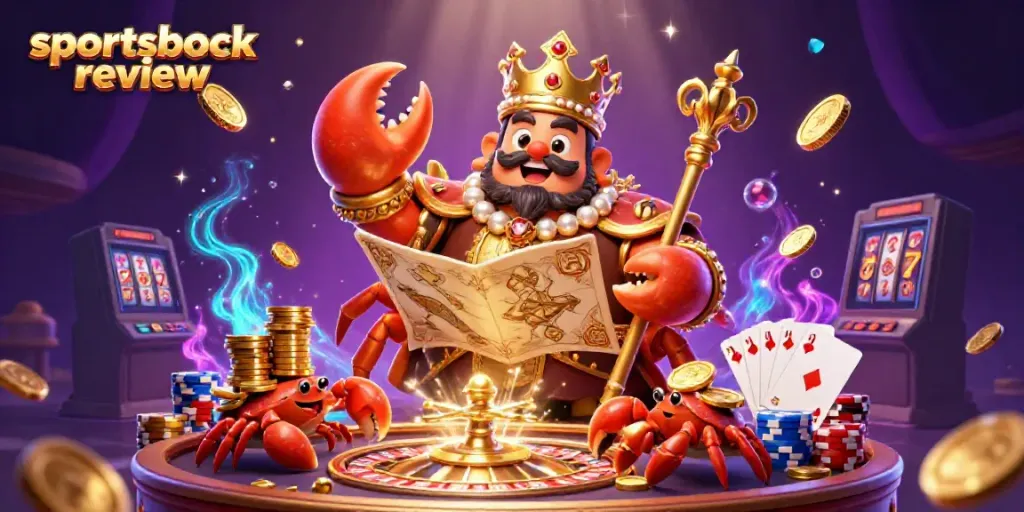Engaging sportsbook review scene with a golden crab emperor and gambling elements.