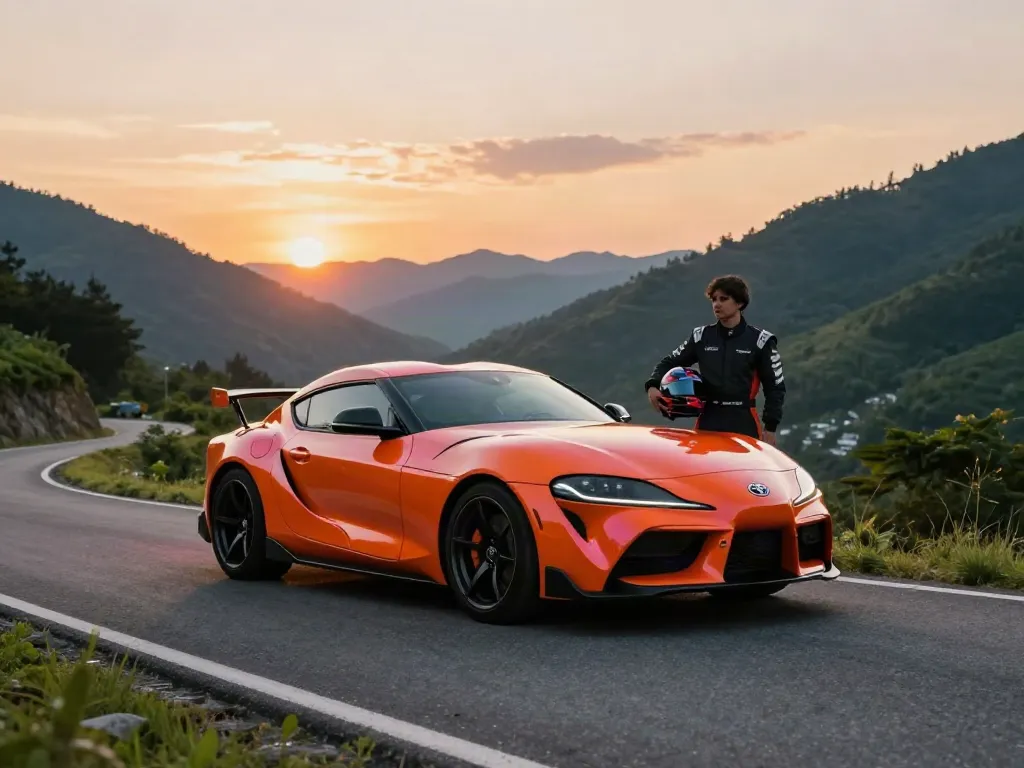 Dynamic view of the A80 platform with a Toyota Supra A80 at sunset, showcasing automotive adventure.