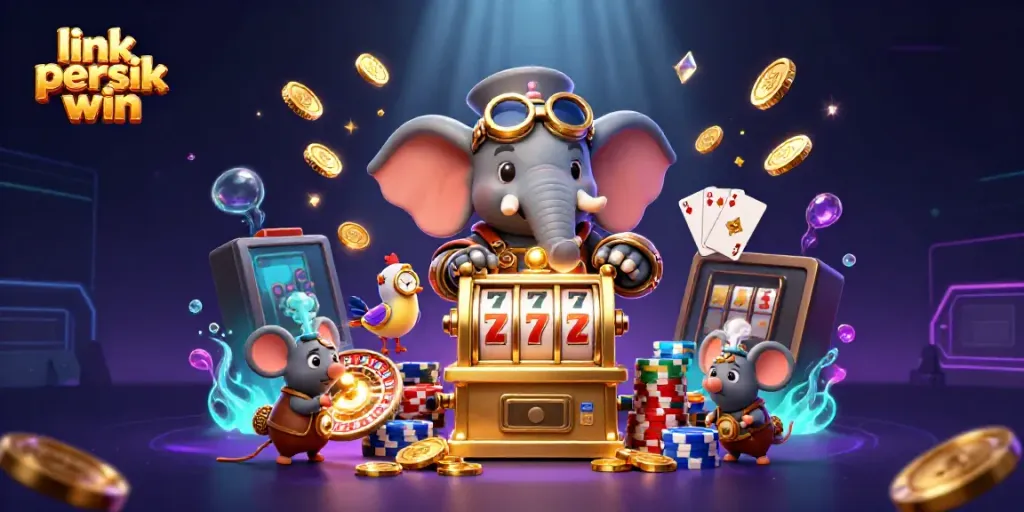 Menggambarkan link persik win, slot machine emas yang dioperasikan oleh gajah steampunk dengan efek cahaya berkilau dan koin emas yang beterbangan.
