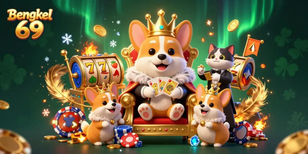 Bengkel 69 showcases a royal corgi on a poker chip throne with lucky 7s around, illustrating vibrant casino energy.