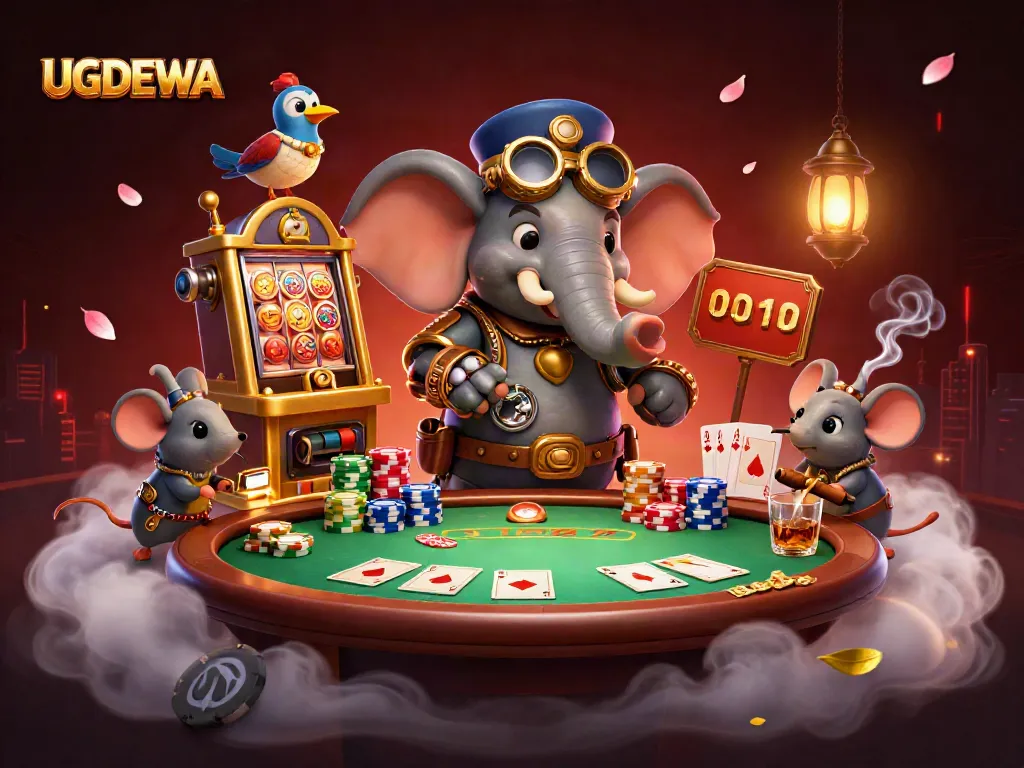 Spin the golden slot machine with UGDEWA for exciting gaming action amid vibrant casino elements.