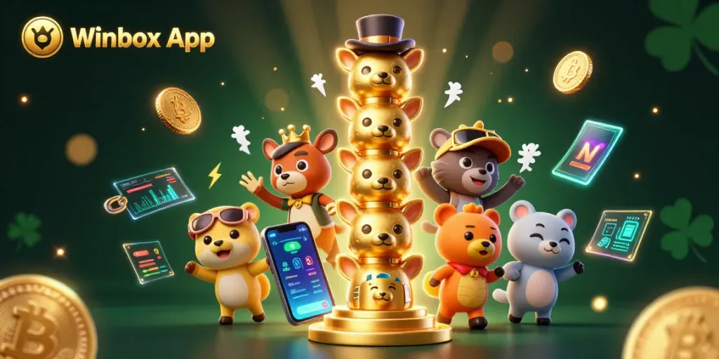 Winbox App showcases vibrant casino action with 3D crypto elements and lively character totems.