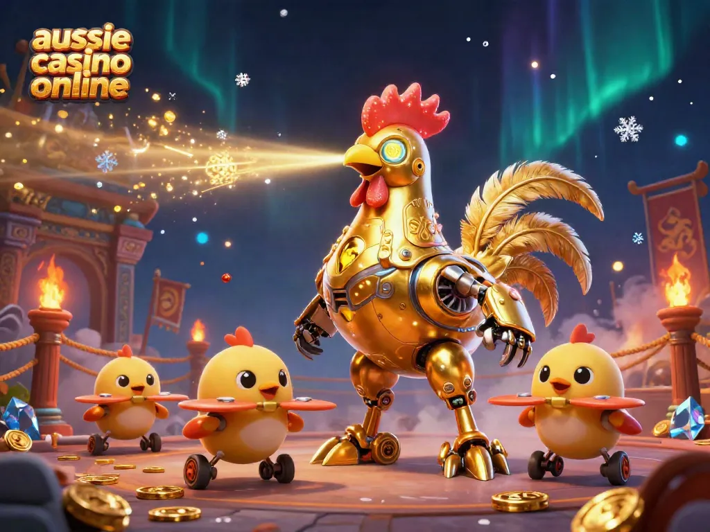 Aussie casino online showcases a dynamic 3D scene with a golden robot and baby chick drones, embodying excitement and thrilling gaming.