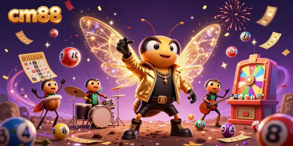 Experience the excitement of cm88 with a vibrant digital carnival scene featuring a cicada rock star, colorful lottery elements, and festive energy.