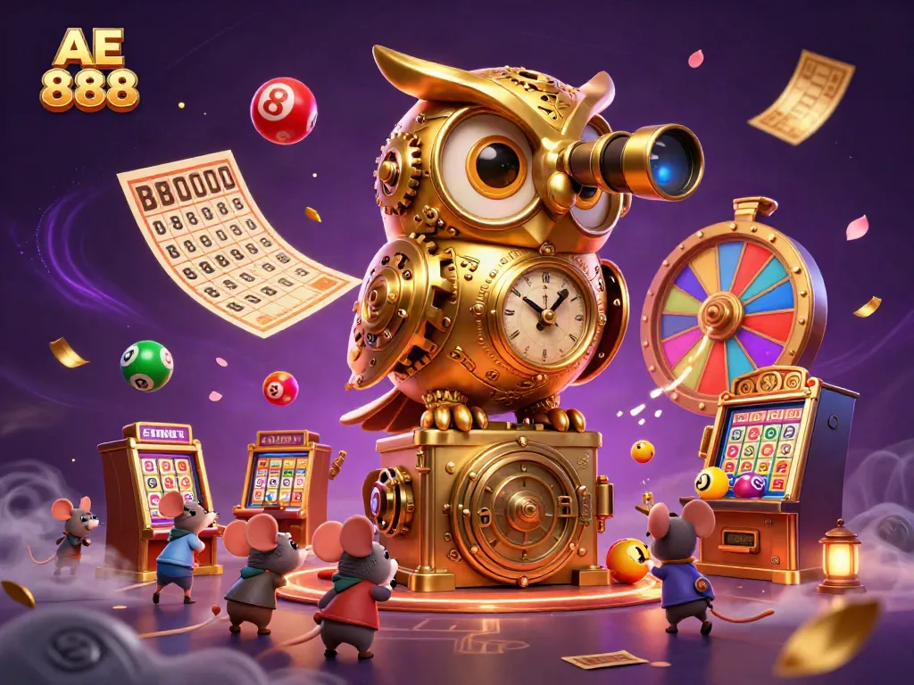 Engage with the vibrant AE 888 casino atmosphere showcasing a golden owl and dynamic lottery elements.