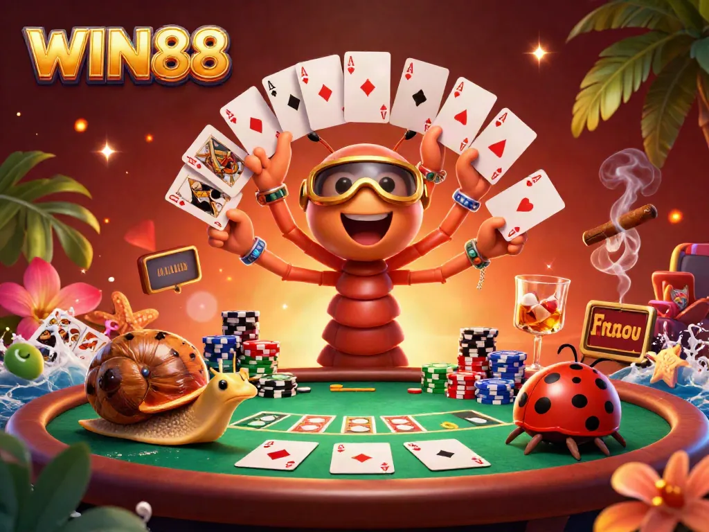 Experience thrilling action with WIN88 in this dynamic casino scene featuring a lively millipede dealer and high-roller snail.