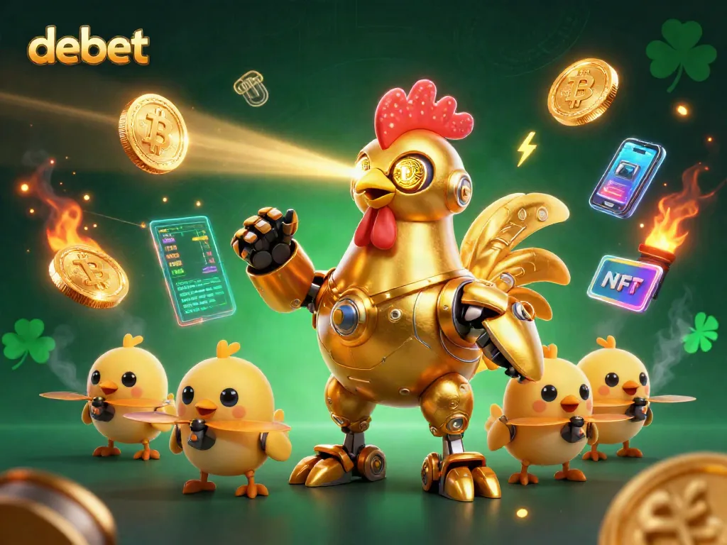 Engage with debet in thrilling crypto casino excitement with a golden rooster robot and drones.